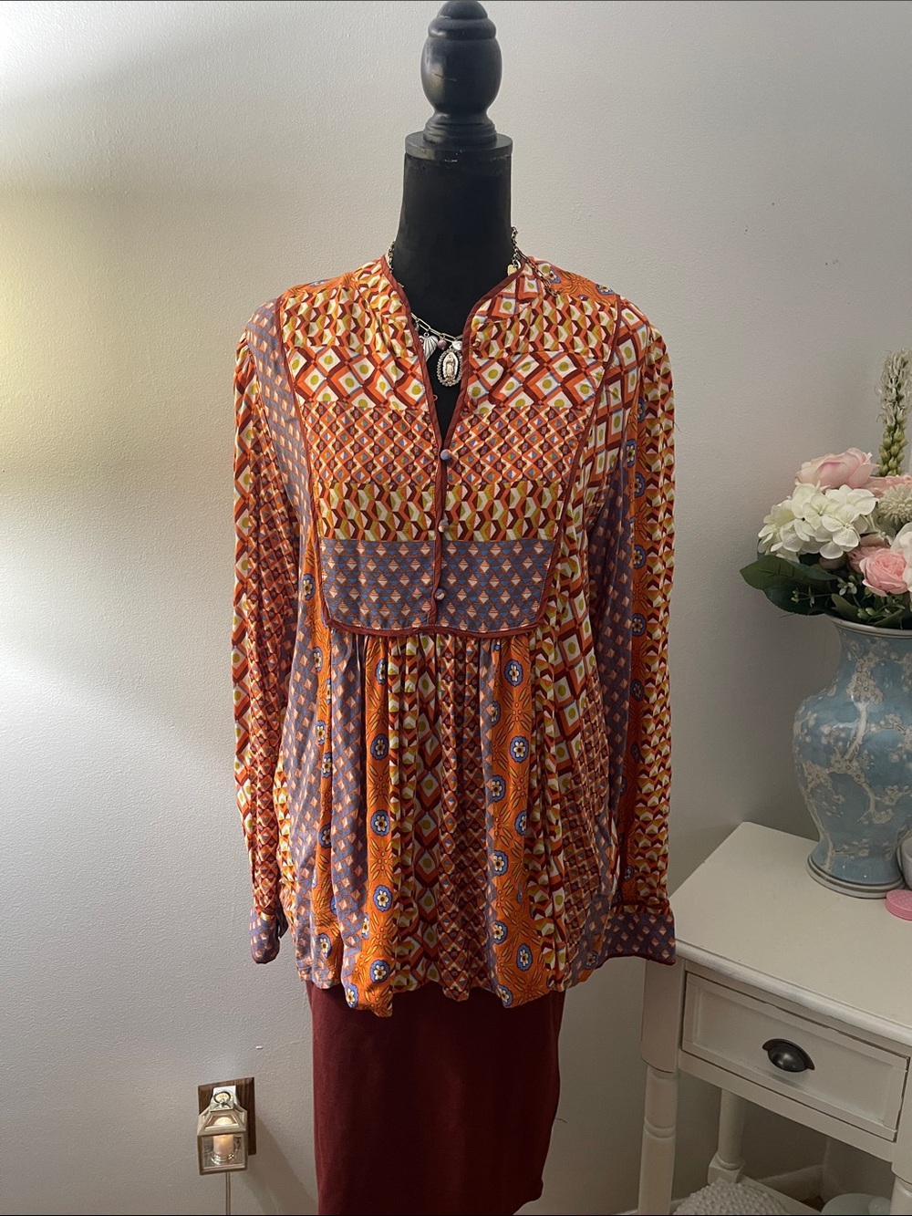 Anthropologie Orange, Rust and Periwinkle Boho Peasant Tunic Top